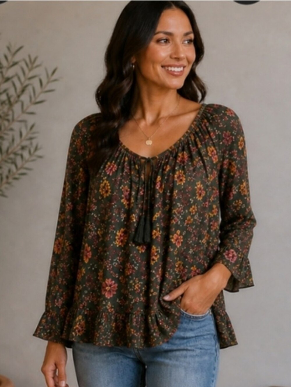 Green Floral Ruffled Boho Cottagecore Blouse with 3/4 Sleeves